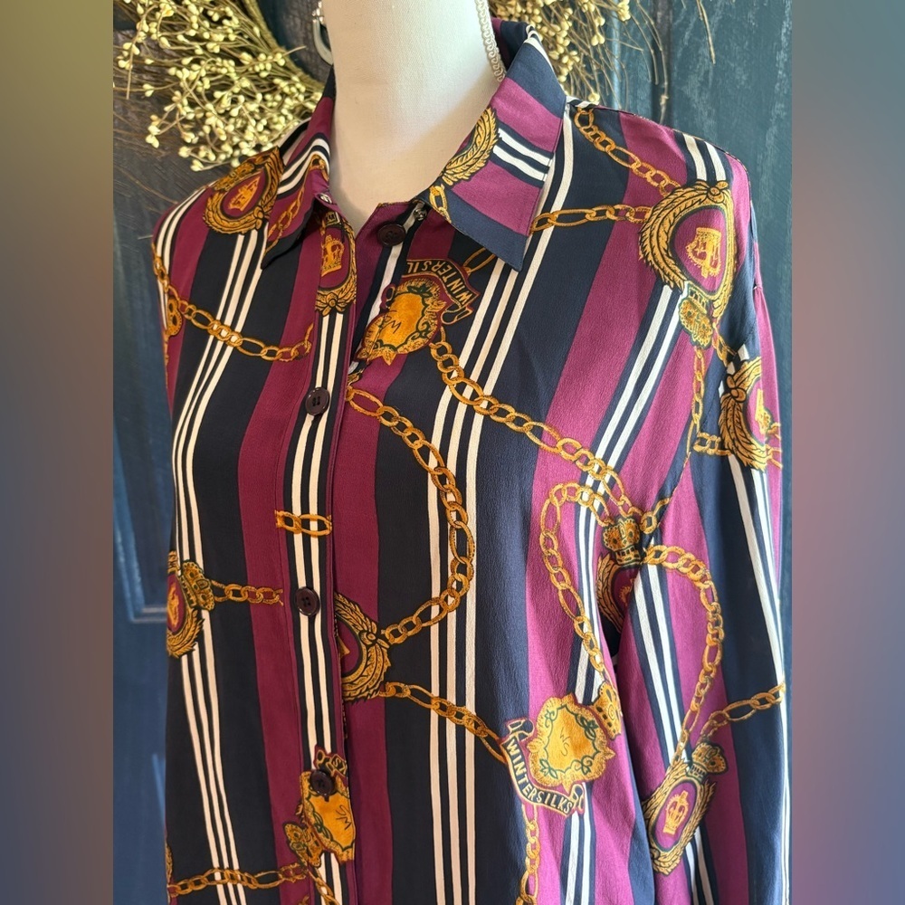 WinterSilks Burgundy Striped 100% Silk Blouse Women’s size 8 - Picture 2 of 12